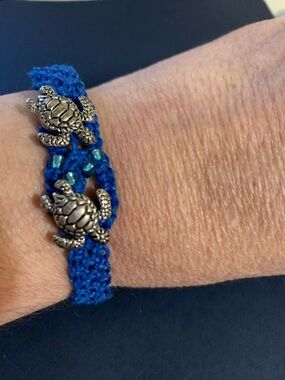 Blue Crochet Bracelet with Silver Turtle Charms